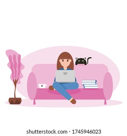 Flat style vector of a young woman sitting and working with laptop on a pink sofa. Illustration cute cartoon concept for stay at home.