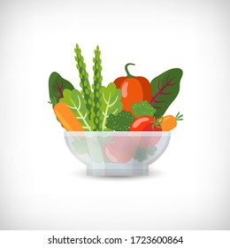 Flat style vegetables in transparent glass bowl. Red pepper, broccoli, carrot, tomato, asparagus, lettuce, beet leaves. Healthy organic farm food. Fresh cooking ingredients. Vector illustration.