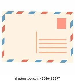 Envelope de correio aéreo vintage estilo plano com bordas vermelho-azul e campo de endereço em branco. Ideal para viagens, temas de serviços postais ou projetos de comunicação retro.