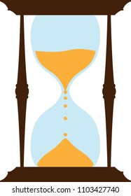 Flat style vintage hourglass with yellow sand. Old style sandglass with half of sand flowing down.