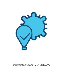 Ícone aprovado de vírus de estilo plano, mostrando marca de verificação médica dentro de um pino de localização com símbolo de vírus atrás, perfeito para a covid-19, assistência médica, controle de doenças, detecção de vírus, prevenção de infecções