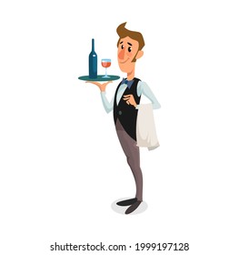 Flat style waiter character in a uniform vector illustration. Cartoon restaurant worker holding a tray. Flat style.