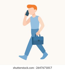Flat Style Walking Businessman with Briefcase Using Mobile Phone Illustration