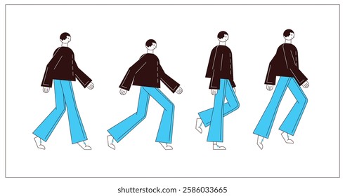 Flat style walking character for animation. Key poses for walking cycle animation side view. Separable body parts. Simple colorful minimalistic design for advertisement, business, corporate identity.