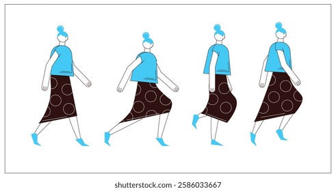 Flat style walking character for animation. Key poses for walking cycle animation side view. Separable body parts. Simple colorful minimalistic design for advertisement, business, corporate identity.