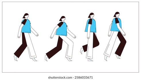 Flat style walking character for animation. Key poses for walking cycle animation side view. Separable body parts. Simple colorful minimalistic design for advertisement, business, corporate identity.