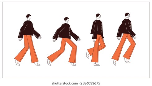 Flat style walking character for animation. Key poses for walking cycle animation side view. Separable body parts. Simple colorful minimalistic design for advertisement, business, corporate identity.