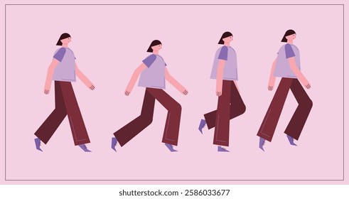 Flat style walking character for animation. Key poses for walking cycle animation side view. Separable body parts. Simple colorful minimalistic design for advertisement, business, corporate identity.