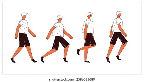 Flat style walking character for animation. Key poses for walking cycle animation side view. Separable body parts. Simple colorful minimalistic design for advertisement, business, corporate identity.