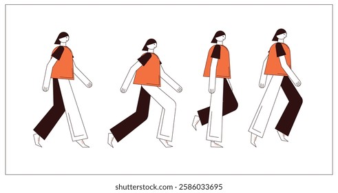 Flat style walking character for animation. Key poses for walking cycle animation side view. Separable body parts. Simple colorful minimalistic design for advertisement, business, corporate identity.