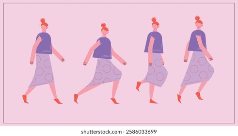 Flat style walking character for animation. Key poses for walking cycle animation side view. Separable body parts. Simple colorful minimalistic design for advertisement, business, corporate identity.