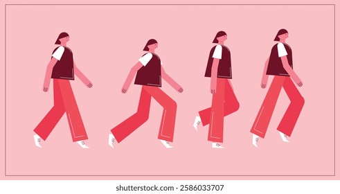 Flat style walking character for animation. Key poses for walking cycle animation side view. Separable body parts. Simple colorful minimalistic design for advertisement, business, corporate identity.