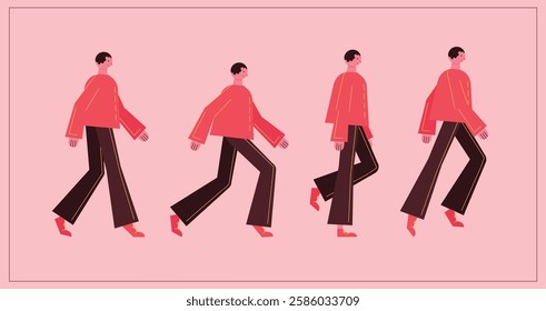 Flat style walking character for animation. Key poses for walking cycle animation side view. Separable body parts. Simple colorful minimalistic design for advertisement, business, corporate identity.