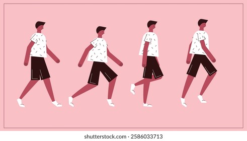 Flat style walking character for animation. Key poses for walking cycle animation side view. Separable body parts. Simple colorful minimalistic design for advertisement, business, corporate identity.