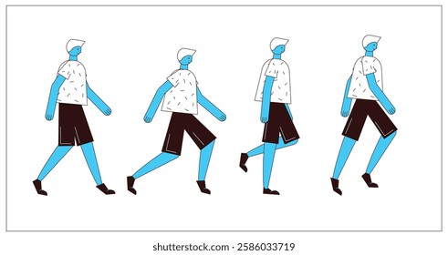 Flat style walking character for animation. Key poses for walking cycle animation side view. Separable body parts. Simple colorful minimalistic design for advertisement, business, corporate identity.