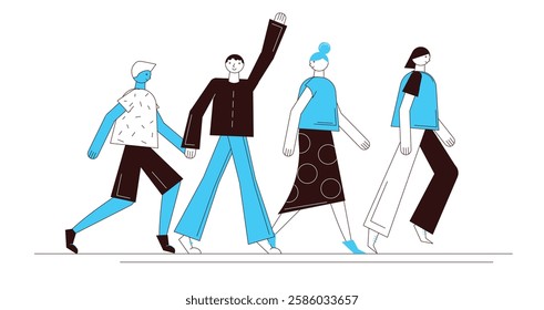 Flat style walking characters for advertisement, business, corporate identity. Separable body parts. Simple colorful minimalistic design. Vector illustration.