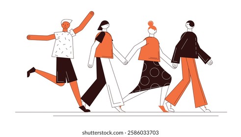 Flat style walking characters for advertisement, business, corporate identity. Separable body parts. Simple colorful minimalistic design. Vector illustration.