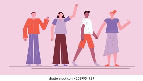 Flat style walking characters for advertisement, business, corporate identity. Separable body parts. Simple colorful minimalistic design. Vector illustration.