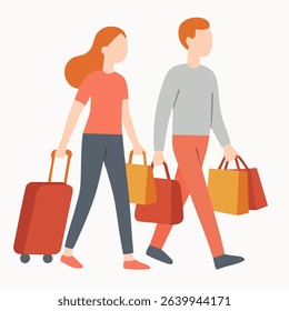 Flat Style Walking Couple Carrying Luggage and Shopping Bags Illustration