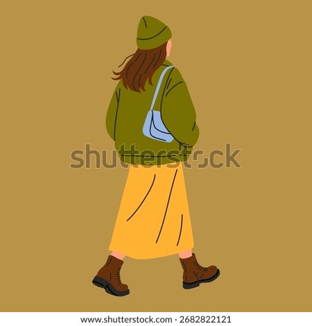 Flat Style Walking Woman in Fall Outfit with Boots