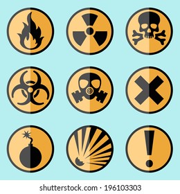 Flat style warning signs labels icons on a background.