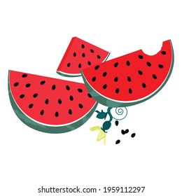 Flat style watermelon icon isolated on white background. Summer fruit slices with flowers. Cartoon vector illustration.
