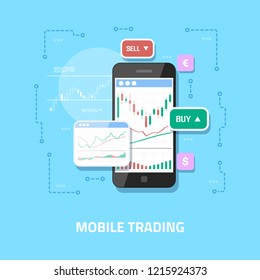 Flat style web banner design. Mobile stock trading concept, online trading, stock market analysis, business and investment, forex exchange.