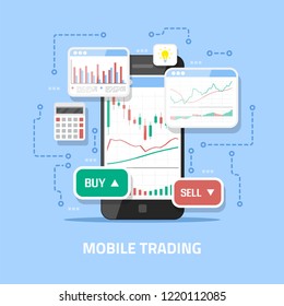 Flat style web banner design. Mobile stock trading concept, online trading, stock market analysis, business and investment, forex exchange.