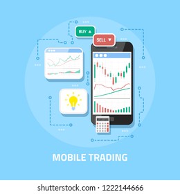 Flat style web banner design. Mobile stock trading concept, online trading, stock market analysis, business and investment, forex exchange.