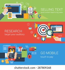Flat style web banner modern online business marketing promo icon set. Selling text content writing research target auditory mobile payments collage. Website click infographics elements collection.