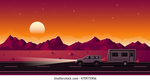 Banner web de estilo plano em viagem de estrada, reboque, camping, recreação ao ar livre, aventuras na natureza, conceito de férias. Imagem de SUV e trailer.