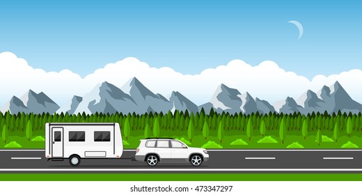 Flat style web banner on road trip, trailering, camping, outdoor recreation, adventures in nature, vacation concept. Picture of SUV and trailer.