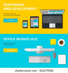 Flat style web banners with responsive web design and office workplace