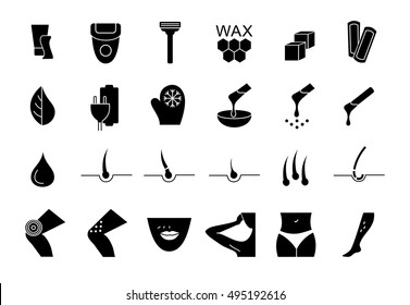 Flat style web icon set. Sugaring, waxing, hair removing. Allergy, skin irritation, pain icons. Hair removal. Hair remove icons