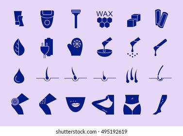 Flat style web icon set. Sugaring, waxing, hair removing. Allergy, skin irritation, pain icons. Hair removal. Hair remove icons