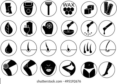 Flat style web icon set. Sugaring, waxing, hair removing. Allergy, skin irritation, pain icons. Hair removal. Hair remove icons