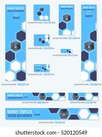 Flat Style Website Banner, Different Frames Background and Web Layout Ad Vector Cover Illustration. Image Add Business Advertisement Design Collection with Creative Hexagon Elements Clean Banners Set