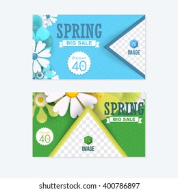 Flat Style Website Banner, Horizontal Header Design, Spring Big Sale and Discount. Triangle Image Frames, Colorful Flowers Illustration