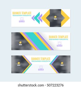 Flat Style Website Banner, Horizontal Background and Web Layout Ad , Vector Cover Illustration. Image Add Business Advertisement Banners Design Collection with Creative Clean Geometric Elements Set