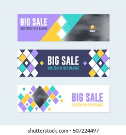 Flat Style Website Banner, Horizontal Background and Web Layout Ad , Vector Cover Illustration. Image Add Business Advertisement Banners Design Collection with Creative Clean Geometric Elements Set