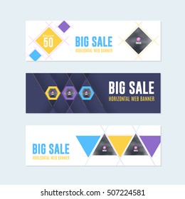 Flat Style Website Banner, Horizontal Background and Web Layout Ad , Vector Cover Illustration. Image Add Business Advertisement Banners Design Collection with Creative Clean Geometric Elements Set