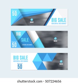 Flat Style Website Banner, Horizontal Background and Web Layout Ad , Vector Cover Illustration. Image Add Business Advertisement Banners Design Collection with Creative Clean Geometric Elements Set