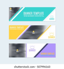 Flat Style Website Banner, Horizontal Background and Web Layout Ad , Vector Cover Illustration. Image Add Business Advertisement Banners Design Collection with Creative Clean Geometric Elements Set