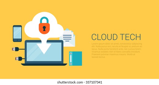 Flat style website slider banner cloud technology concept web infographics vector illustration. Laptop screen data upload lock smartphone USB connection cable vector illustration icon set.