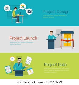 Flat style website slider banner project design launch data concept web infographics. Designer laptop workplace, tribune speaker opening line cut, report speech vector illustration.