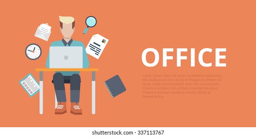 Flat style website slider banner office workplace concept web infographics. Young man sitting table working laptop vector illustration icons.