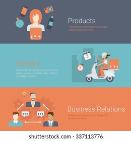 Flat style website slider banner products delivery business relations partnership concept web infographics. Female avatar profile, bike box shipping, businessmen connections vector illustration.