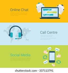 Flat style website slider banner online chat global call centre social media concept web infographics. Laptop communication messaging, headphones world map, mobile social network appreciate message.