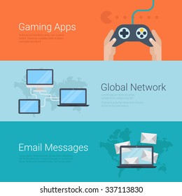 Flat style website slider banner gaming apps gamification global network email message concept web infographics. Gamepad in hands laptop tablet computer connection world map e-mail messages.