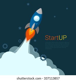 Flat style website slider banner startup concept web infographics. Rocket fly launch process stylish starry sky background